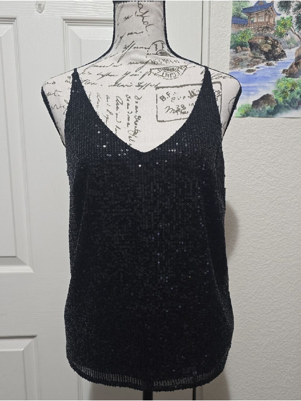 Banana Republic Black Sequin V Neck Spaghetti Strap Camisole Small NWOT